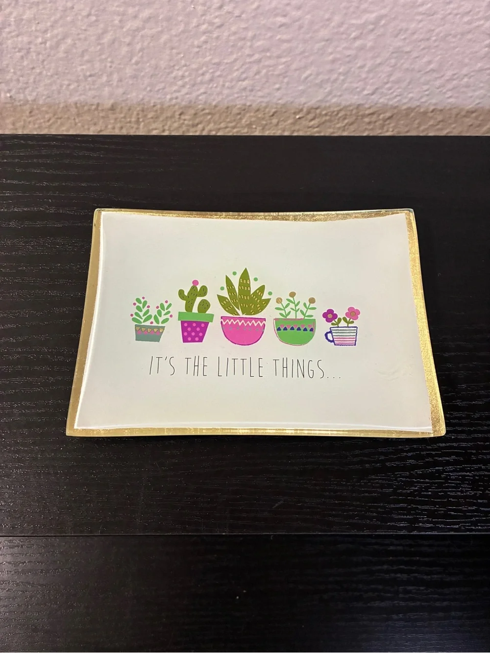 Natural Life square trinket dish fused glass desert theme cactus gold edging